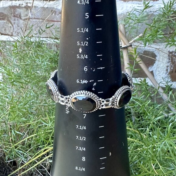 VTG Link Bracelet 6.75 Smoky Quartz Oval Shape Gems 925 Sterling Silver 32.9g - Picture 10 of 10